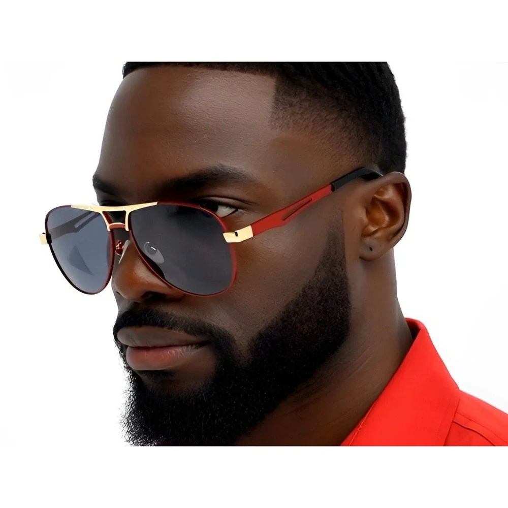 Mens Aviator Sunglasses Red Gold‎ Frame Dark Lens Metal Full Rim Polarized Gafas